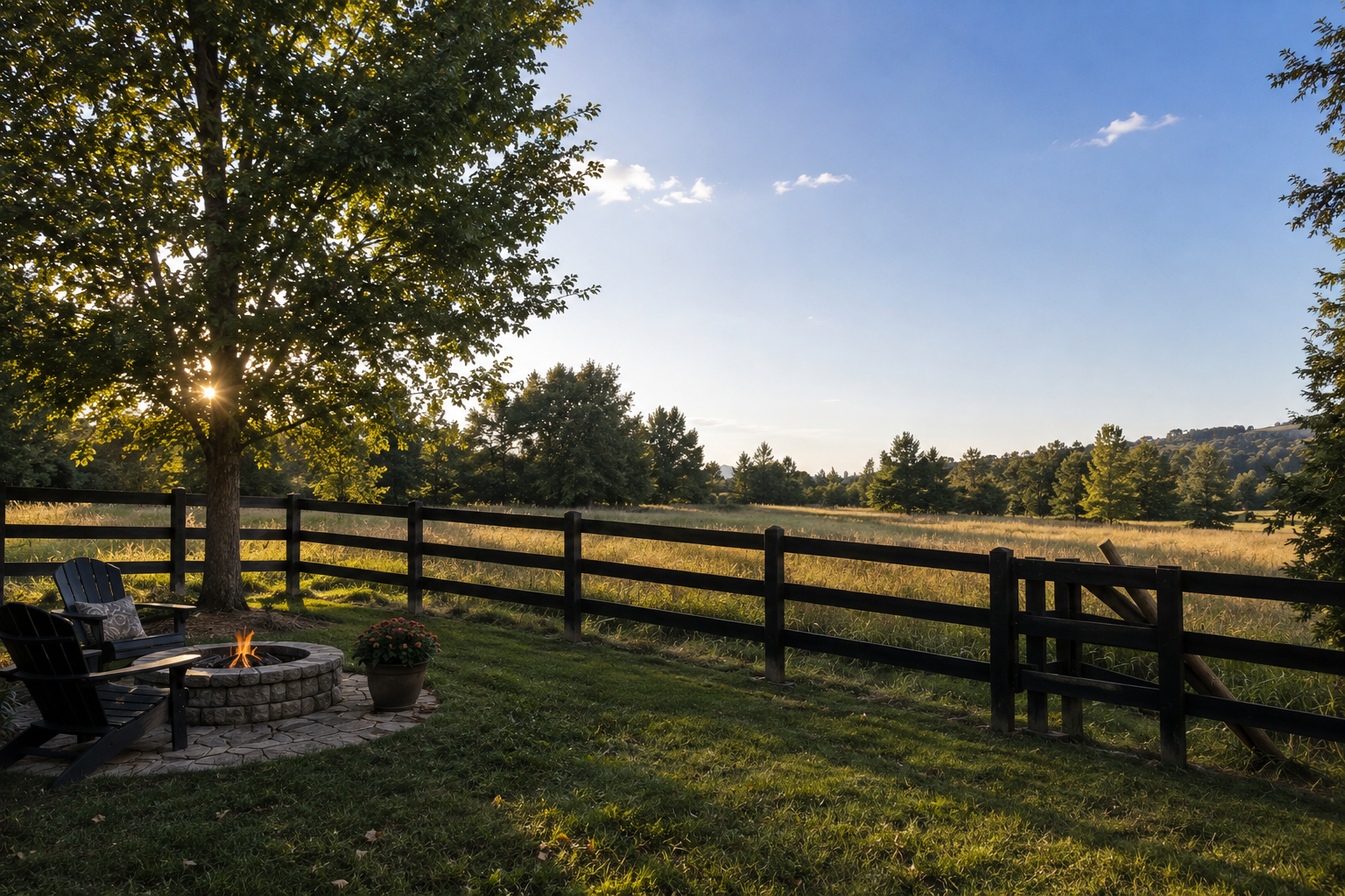 Backyard fire pit and Adirondack chairs beside a wooded field in East Tennessee at sunset