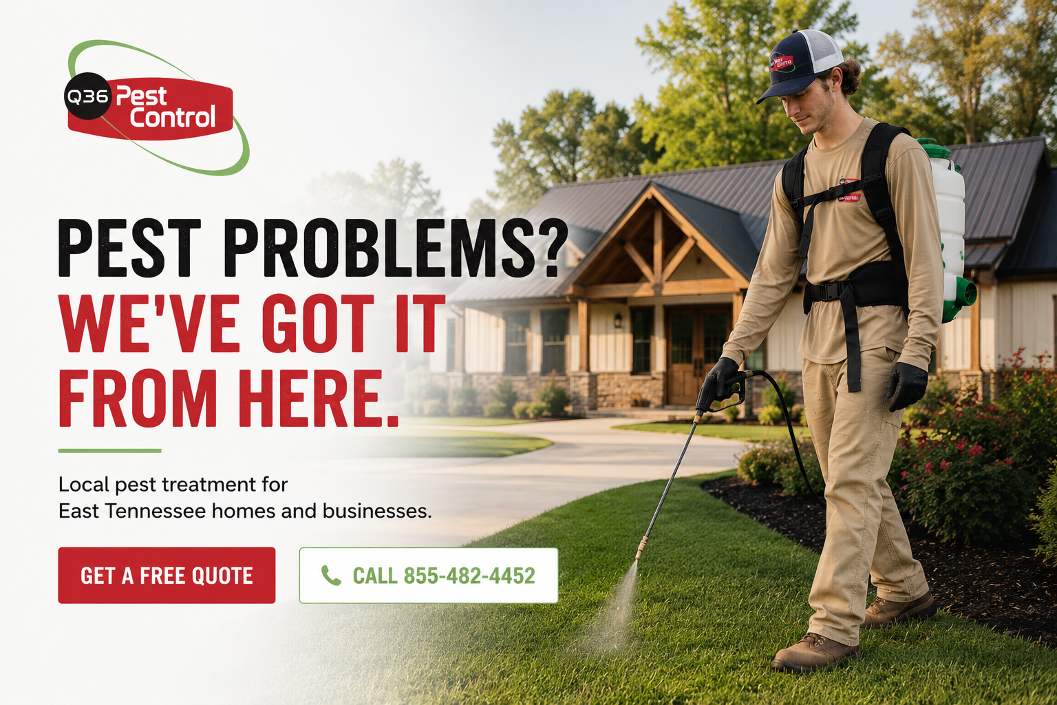 Q36 Pest Control technician treating a residential lawn for pests in East Tennessee